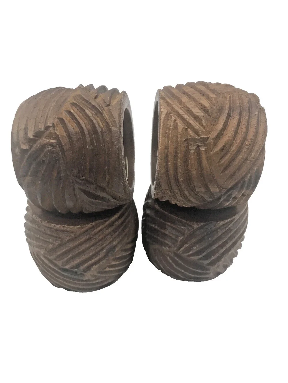 Vintage Carved Wooden Napkin Rings Holders Made In Philippines Ribbed Wave Wood